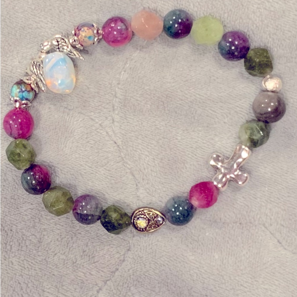 Handmade to order bracelet. Moonstone, tourmaline, silver, birds, stretch.